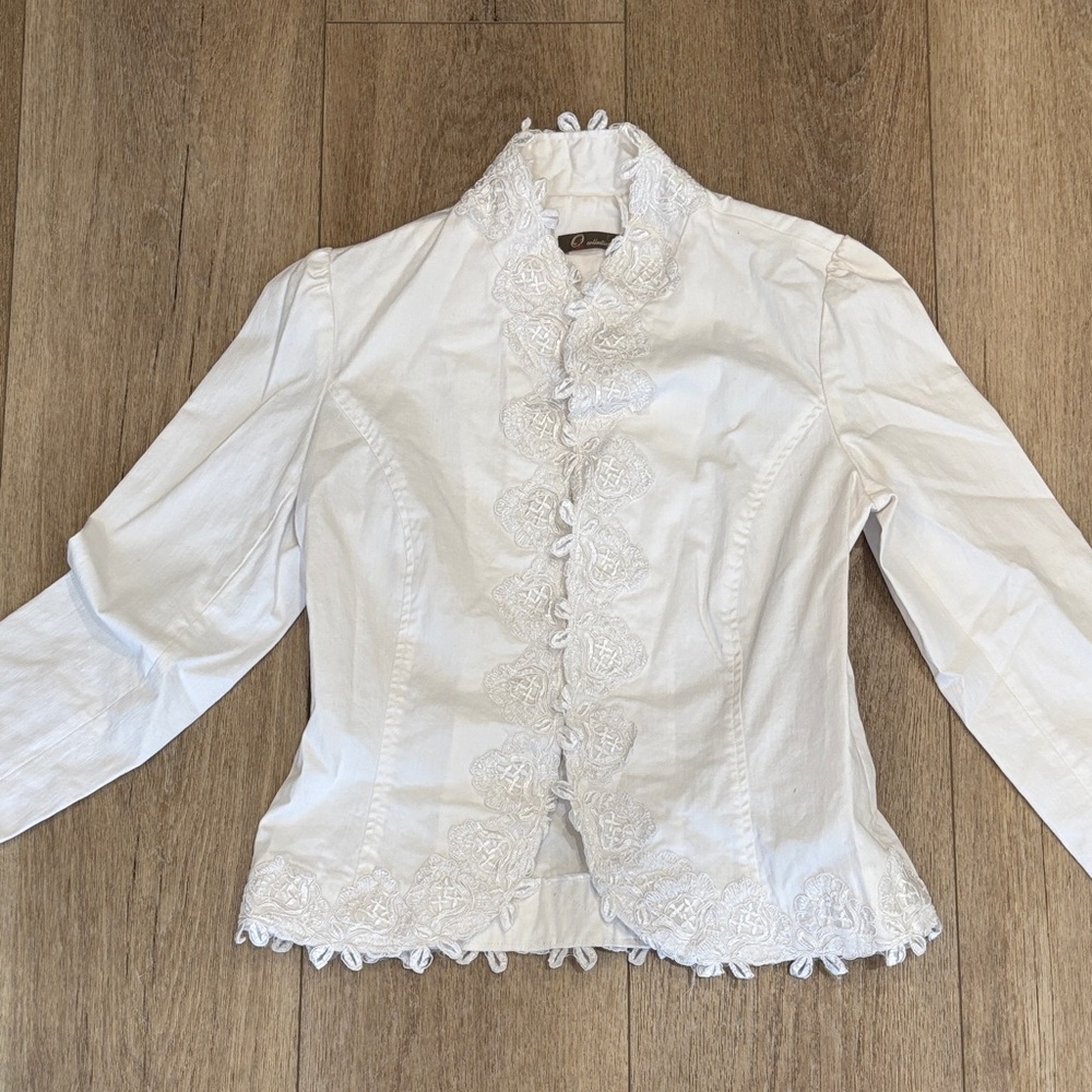 Women's White Embroidered Ruffle Blazer